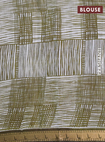 Semi maheshwari cotton saree olive green with allover butta prints and zari woven muniya style border
