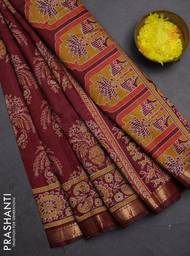 Semi maheshwari cotton saree maroon with allover butta prints and zari woven muniya style border