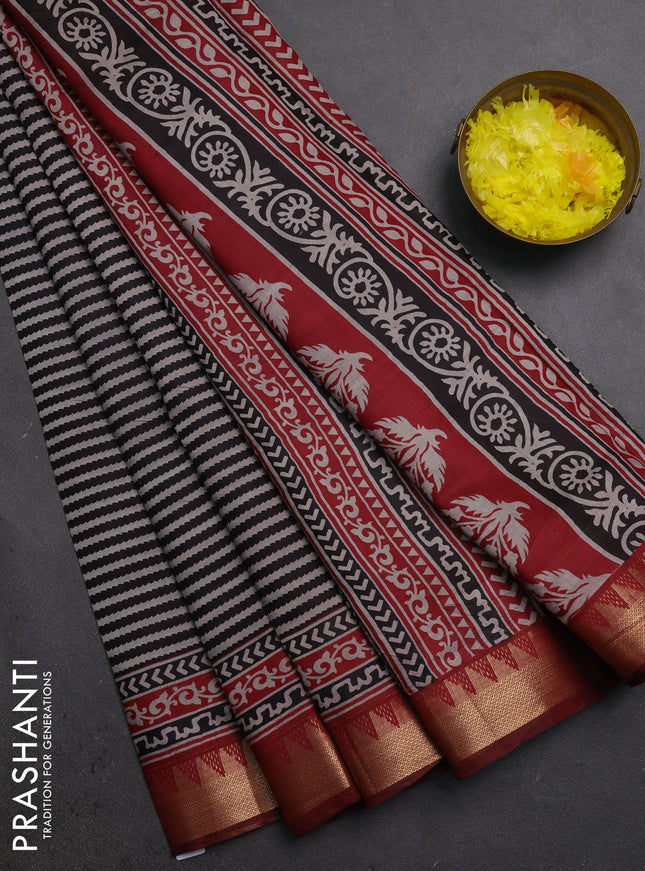 Semi maheshwari cotton saree coffee brown and maroon with allover stripes pattern and zari woven border