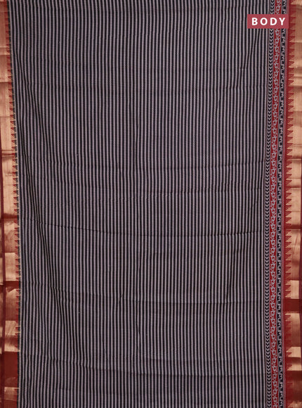 Semi maheshwari cotton saree coffee brown and maroon with allover stripes pattern and zari woven border
