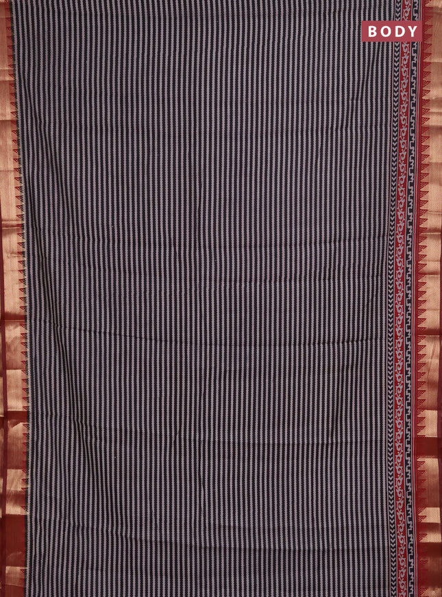 Semi maheshwari cotton saree coffee brown and maroon with allover stripes pattern and zari woven border