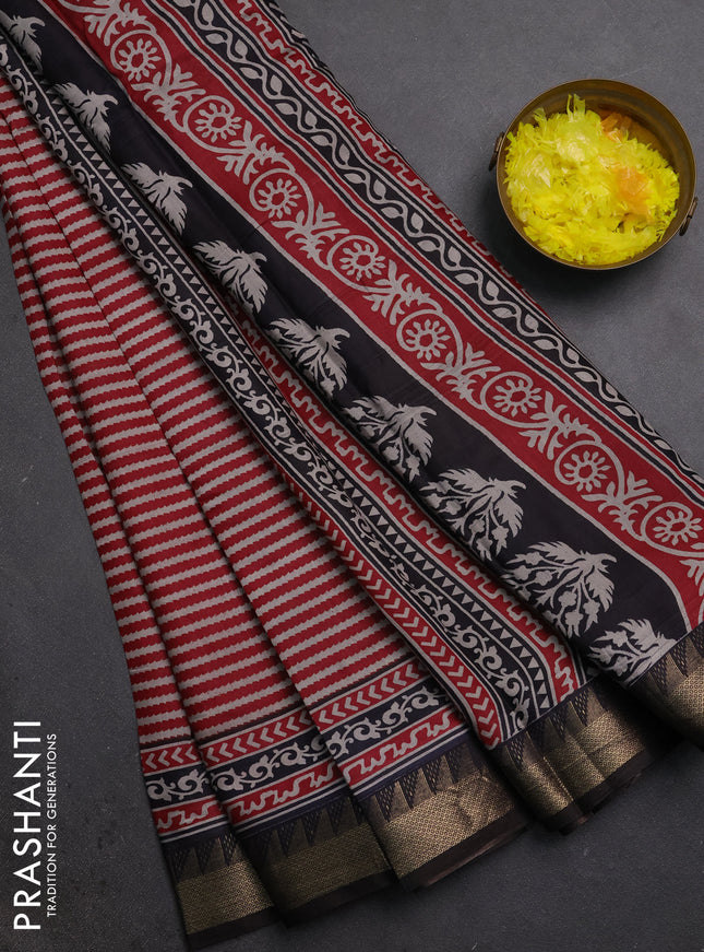 Semi maheshwari cotton saree maroon and coffee brown with allover stripes pattern and zari woven border