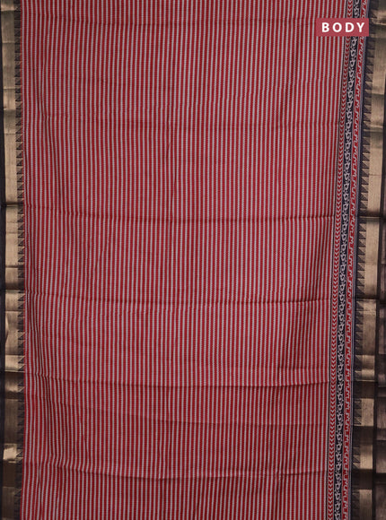 Semi maheshwari cotton saree maroon and coffee brown with allover stripes pattern and zari woven border