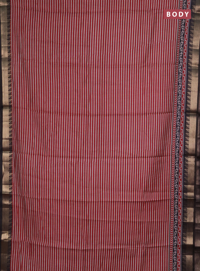 Semi maheshwari cotton saree maroon and coffee brown with allover stripes pattern and zari woven border