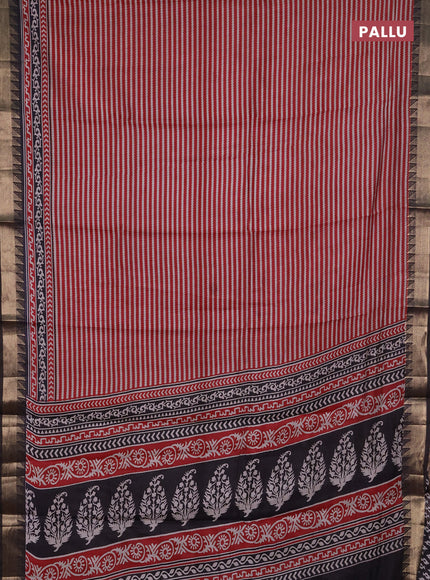 Semi maheshwari cotton saree maroon and coffee brown with allover stripes pattern and zari woven border
