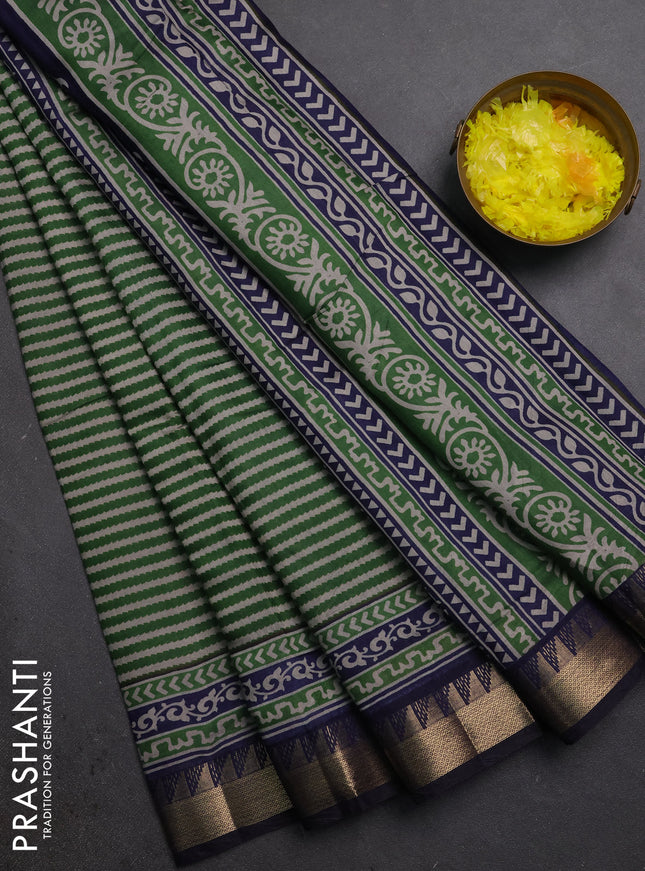 Semi maheshwari cotton saree green and navy blue with allover stripes pattern and zari woven border