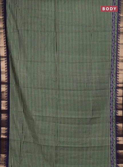 Semi maheshwari cotton saree green and navy blue with allover stripes pattern and zari woven border