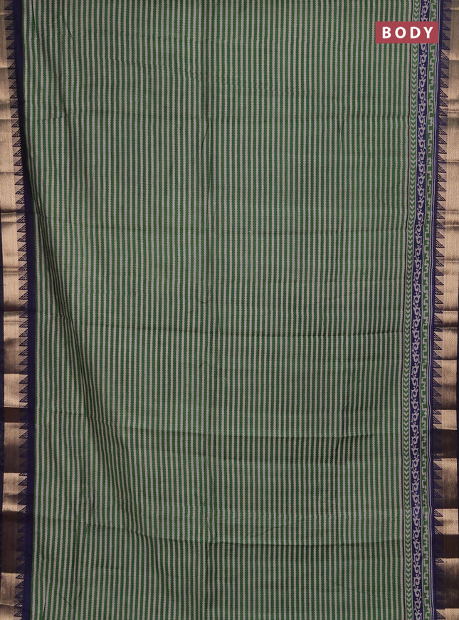 Semi maheshwari cotton saree green and navy blue with allover stripes pattern and zari woven border