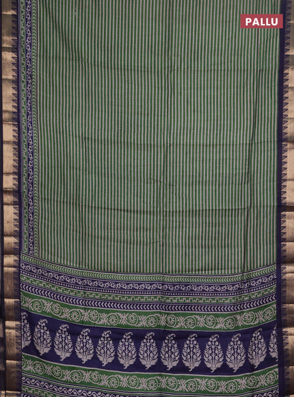 Semi maheshwari cotton saree green and navy blue with allover stripes pattern and zari woven border