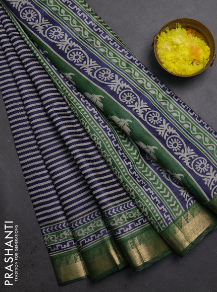 Semi maheshwari cotton saree navy blue and green with allover stripes pattern and zari woven border