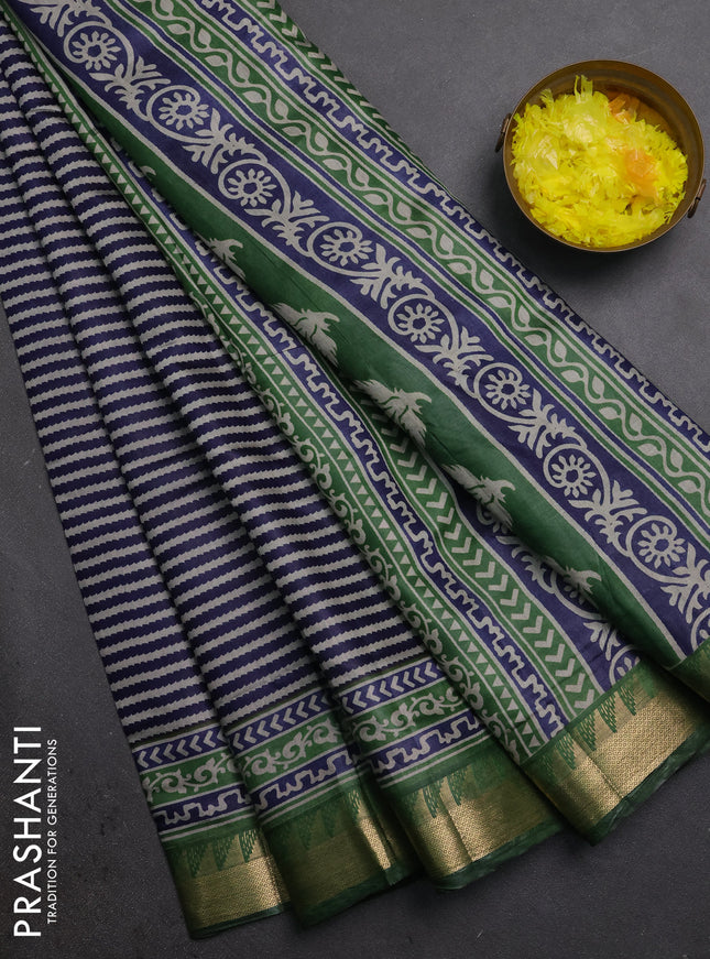 Semi maheshwari cotton saree navy blue and green with allover stripes pattern and zari woven border