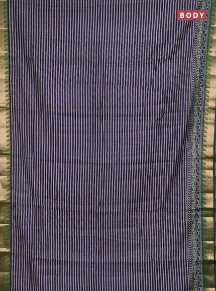 Semi maheshwari cotton saree navy blue and green with allover stripes pattern and zari woven border
