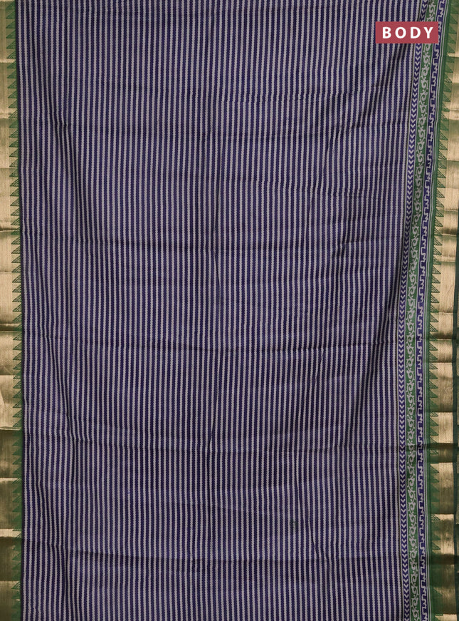 Semi maheshwari cotton saree navy blue and green with allover stripes pattern and zari woven border