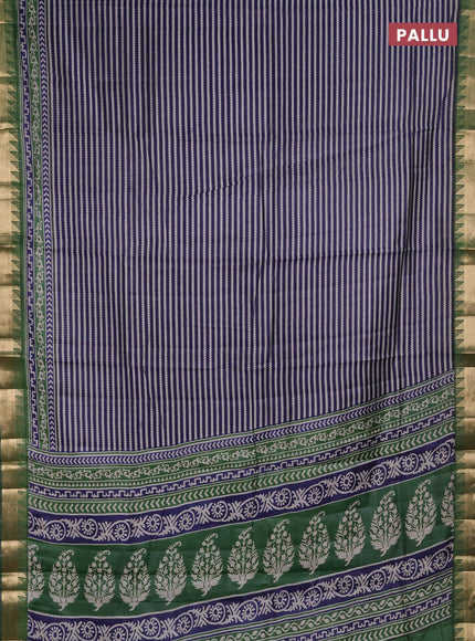Semi maheshwari cotton saree navy blue and green with allover stripes pattern and zari woven border