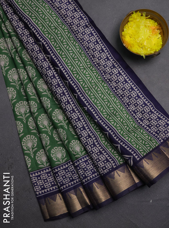 Semi maheshwari cotton saree light green and navy blue with allover butta prints and zari woven border