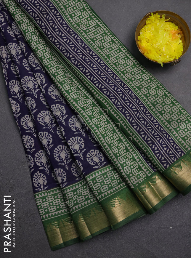 Semi maheshwari cotton saree navy blue and green with allover butta prints and zari woven border