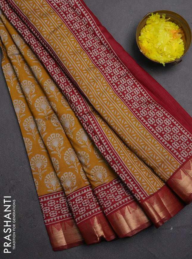 Semi maheshwari cotton saree mustard yellow and maroon with allover butta prints and zari woven border