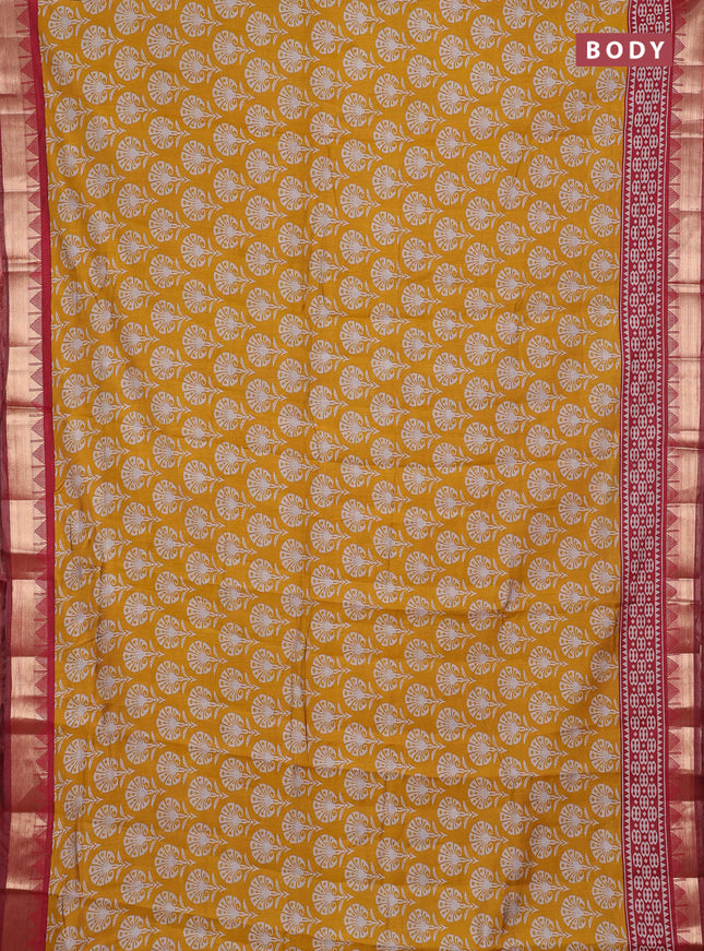 Semi maheshwari cotton saree mustard yellow and maroon with allover butta prints and zari woven border