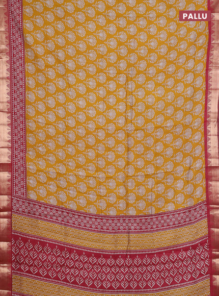 Semi maheshwari cotton saree mustard yellow and maroon with allover butta prints and zari woven border