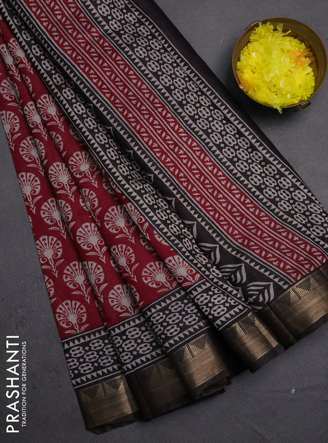 Semi maheshwari cotton saree maroon and coffee brown with allover butta prints and zari woven border