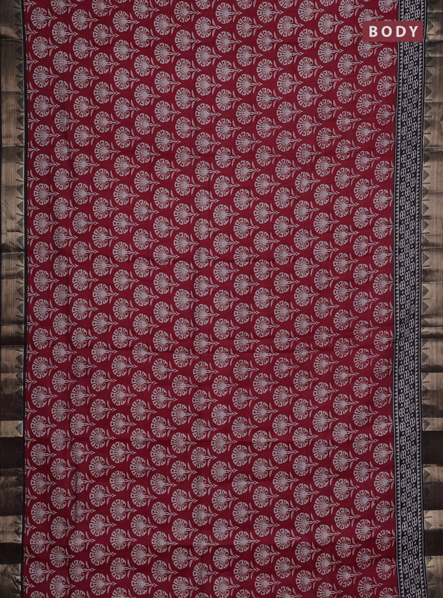 Semi maheshwari cotton saree maroon and coffee brown with allover butta prints and zari woven border