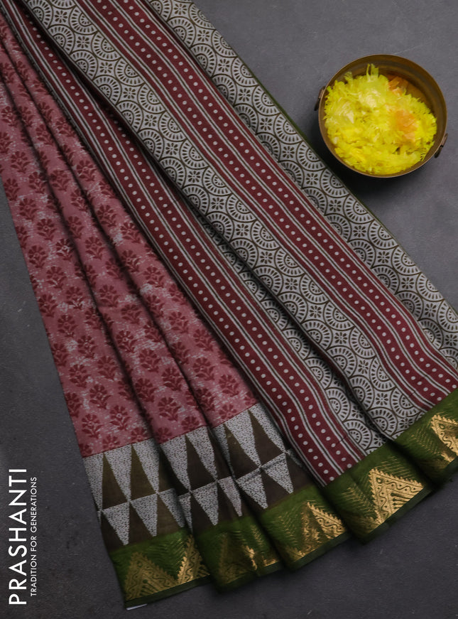 Semi maheshwari cotton saree pastel maroon and light green with allover butta prints and zari woven border