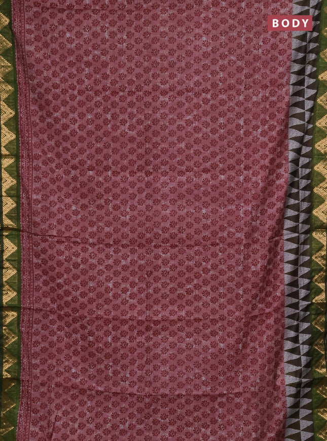 Semi maheshwari cotton saree pastel maroon and light green with allover butta prints and zari woven border
