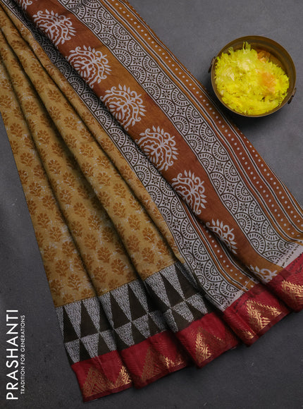 Semi maheshwari cotton saree mustard yellow and maroon with allover butta prints and zari woven border
