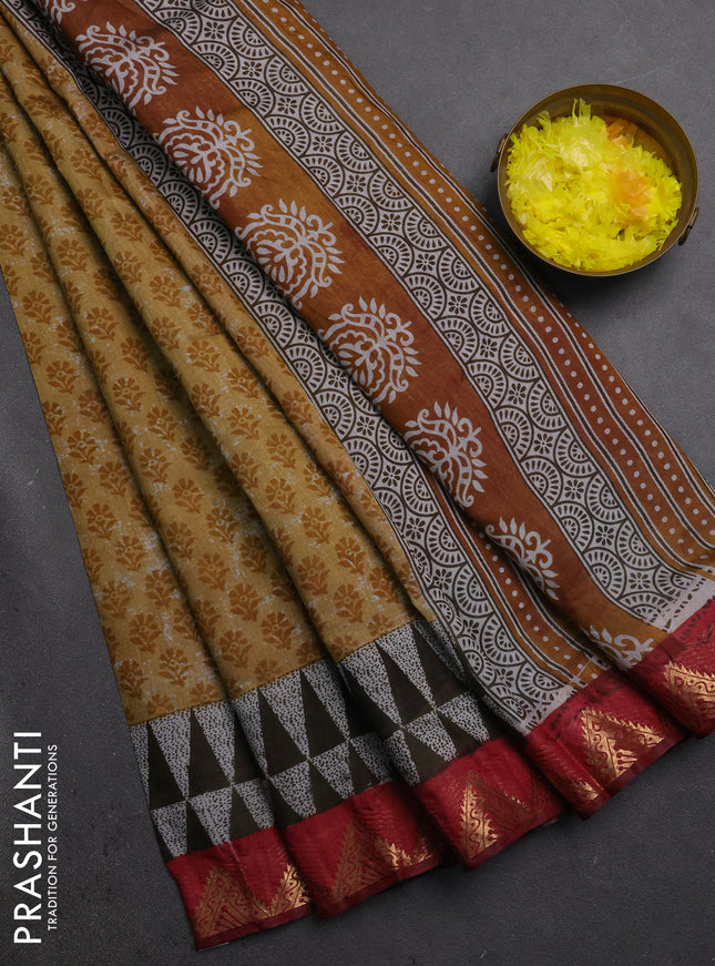 Semi maheshwari cotton saree mustard yellow and maroon with allover butta prints and zari woven border
