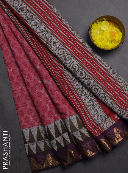 Semi maheshwari cotton saree pink and deep purple with allover butta prints and zari woven border