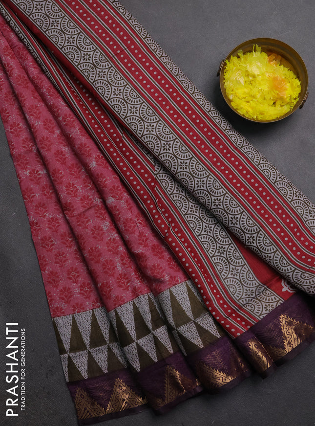 Semi maheshwari cotton saree pink and deep purple with allover butta prints and zari woven border