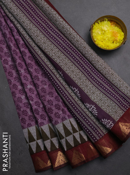 Semi maheshwari cotton saree purple and maroon with allover butta prints and zari woven border