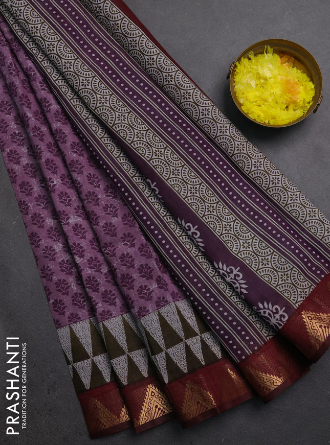 Semi maheshwari cotton saree purple and maroon with allover butta prints and zari woven border