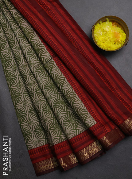 Semi maheshwari cotton saree light green and maroon with allover prints and zari woven border