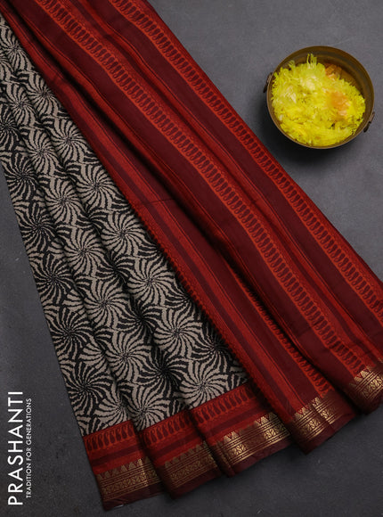 Semi maheshwari cotton saree black and maroon with allover prints and zari woven border