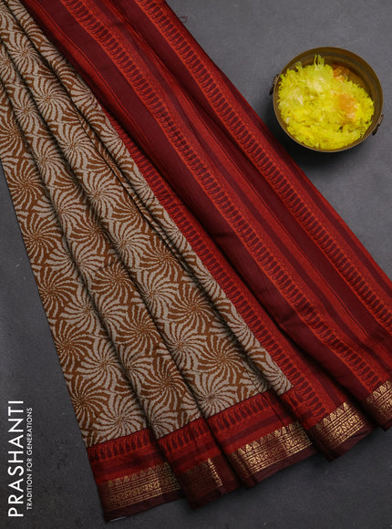 Semi maheshwari cotton saree dark mustard and maroon with allover prints and zari woven border