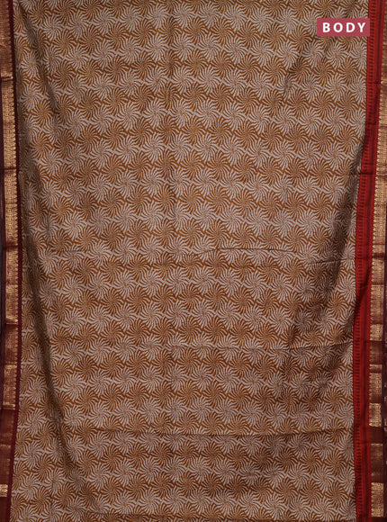 Semi maheshwari cotton saree dark mustard and maroon with allover prints and zari woven border