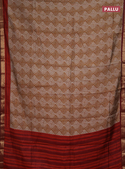 Semi maheshwari cotton saree dark mustard and maroon with allover prints and zari woven border
