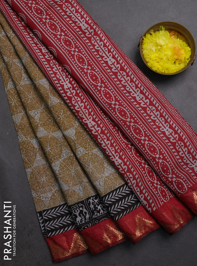 Semi maheshwari cotton saree mustard yellow grey and maroon with allover geometric prints and zari woven border