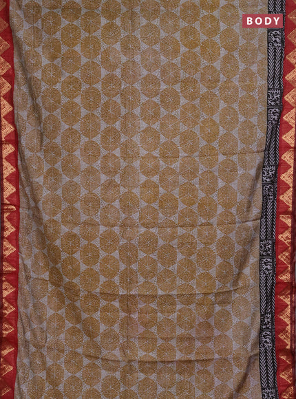 Semi maheshwari cotton saree mustard yellow grey and maroon with allover geometric prints and zari woven border