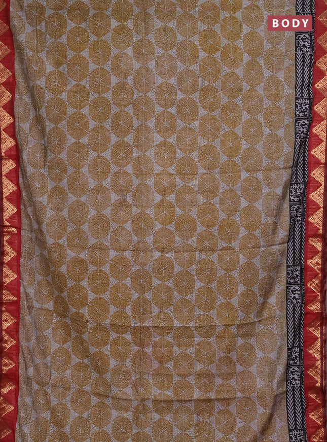 Semi maheshwari cotton saree mustard yellow grey and maroon with allover geometric prints and zari woven border