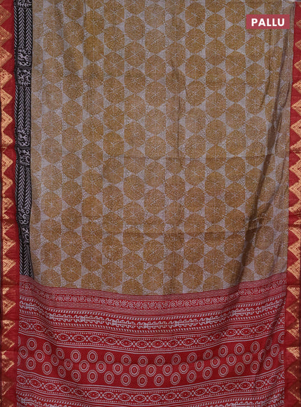 Semi maheshwari cotton saree mustard yellow grey and maroon with allover geometric prints and zari woven border