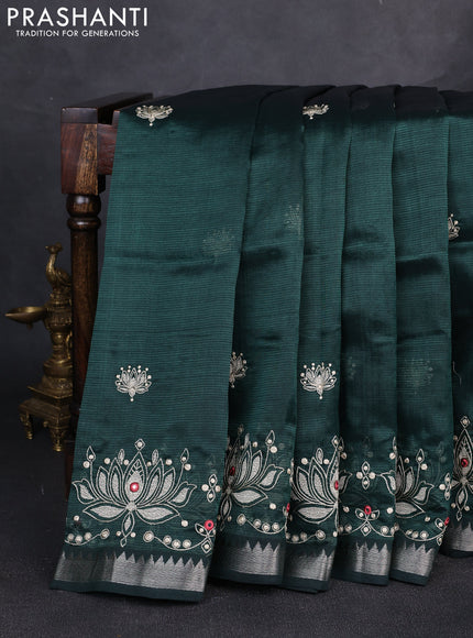 Mangalgiri silk cotton saree bottle green with embroidery buttas and embroidery border