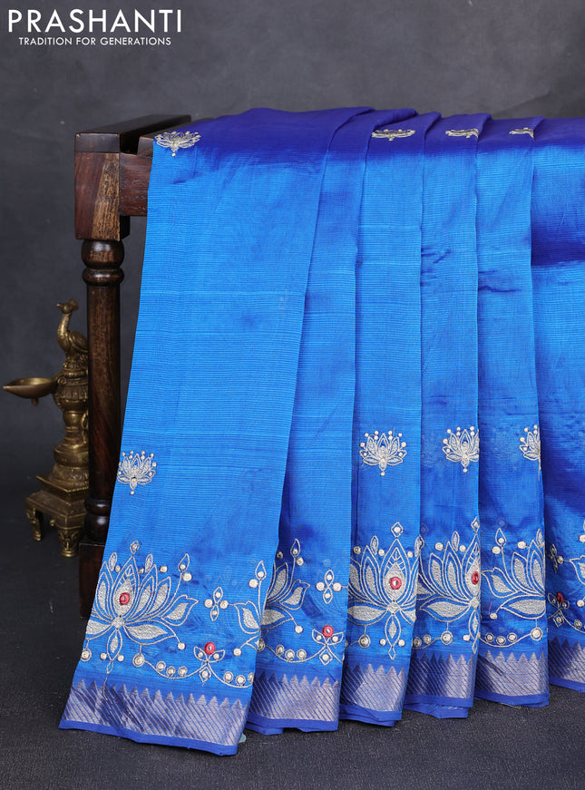 Mangalgiri silk cotton saree peacock blue with embroidery buttas and embroidery border