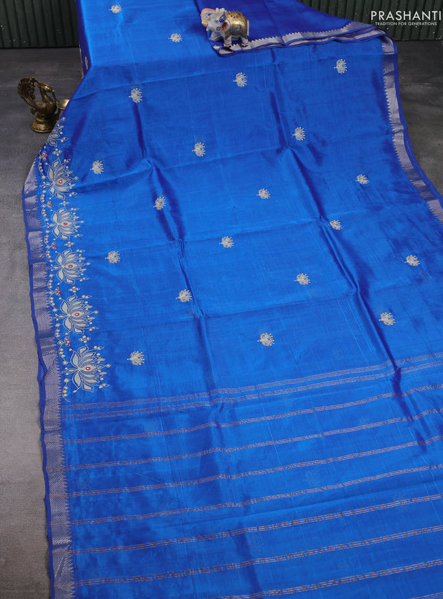 Mangalgiri silk cotton saree peacock blue with embroidery buttas and embroidery border