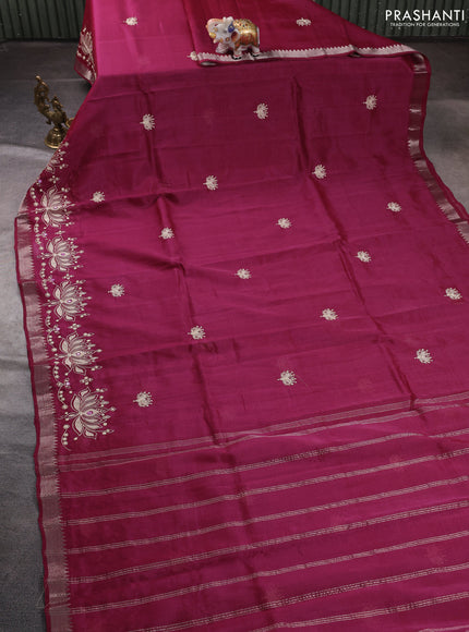 Mangalgiri silk cotton saree wine with embroidery buttas and embroidery border