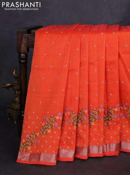 Mangalgiri silk cotton saree orange with allover embroidery buttas and embroidery border