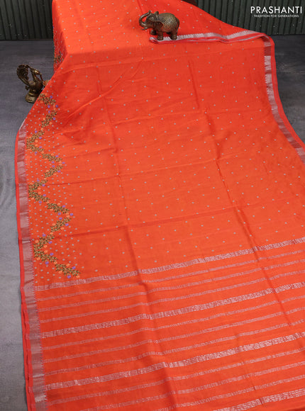 Mangalgiri silk cotton saree orange with allover embroidery buttas and embroidery border