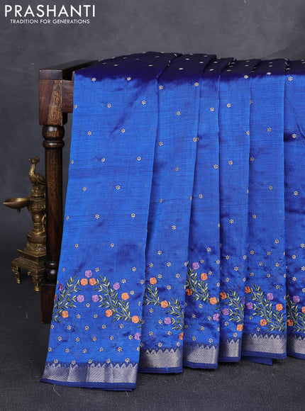 Mangalgiri silk cotton saree peacock blue with allover embroidery buttas and embroidery border