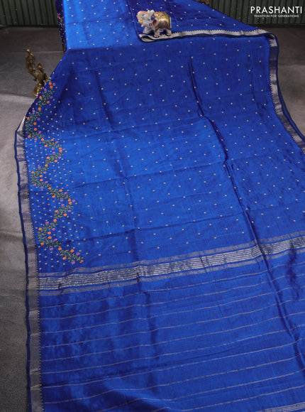 Mangalgiri silk cotton saree peacock blue with allover embroidery buttas and embroidery border